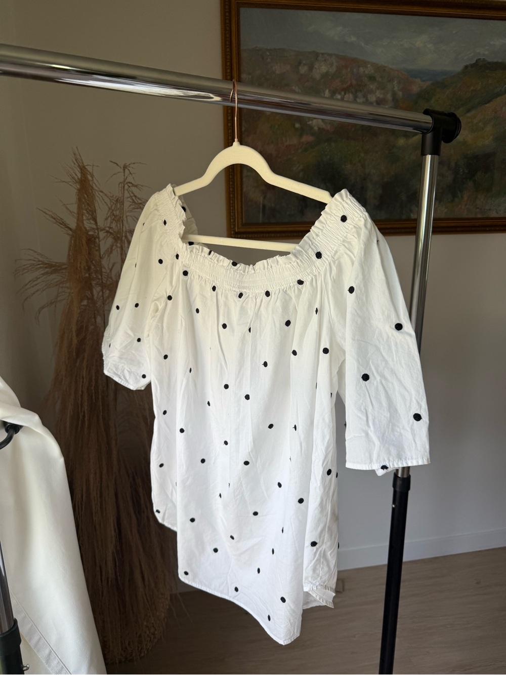 H&M White Off-Shoulder Top with Black Polka Dots